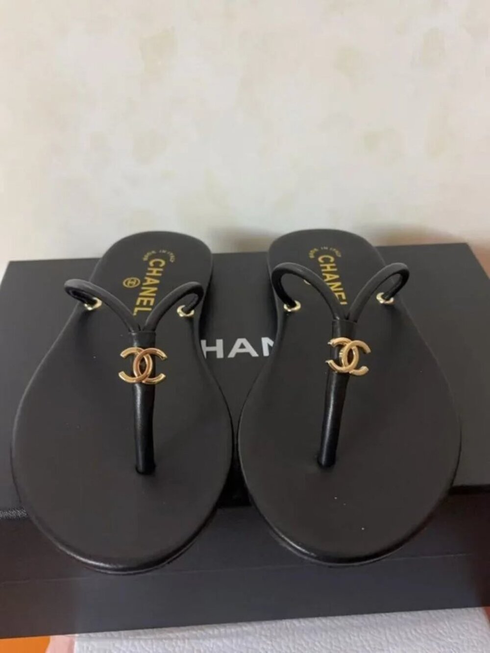 Chanel Black Thong Flip Flops Gold Interlocking CC Logo Hardware Flat Sandals